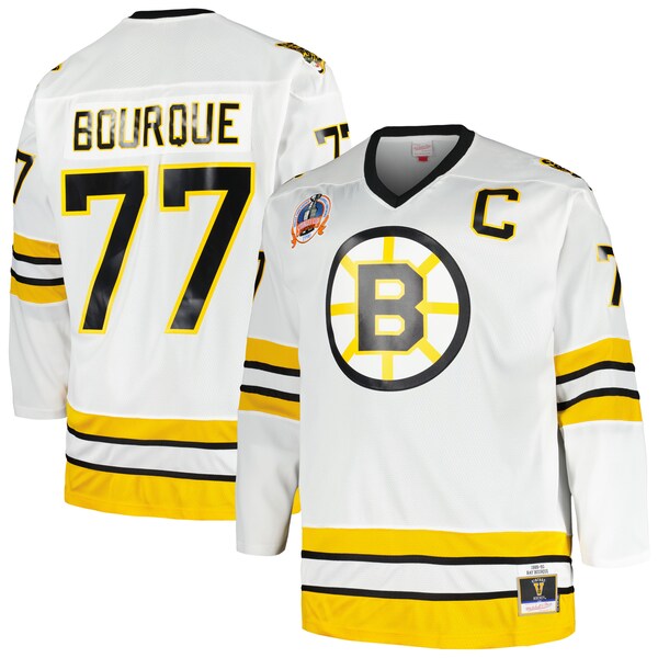 Mitchell AND Ness RAY Bourque Herren Trikot Weiß Boston Bruins Große Größen Kapitäns Patch Blue Line Spielertrikot 2025/26