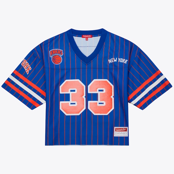 Patrick Ewing NEW York Knicks Mitchell and Ness X Dannijo Name and Number Cropped Football Jersey Blue 2025/26